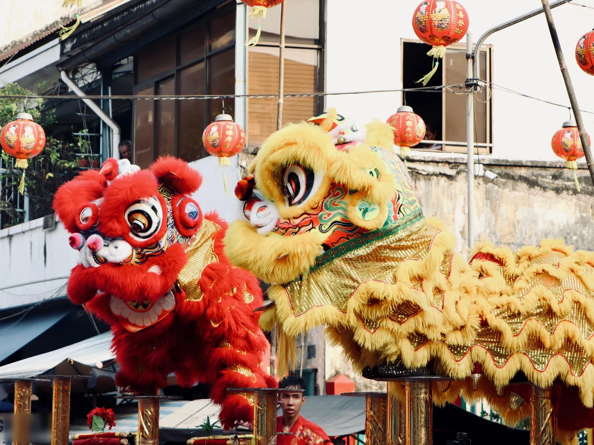 Red and yellow lion dance lions perform on poles beneath strings of red lanterns in a street.