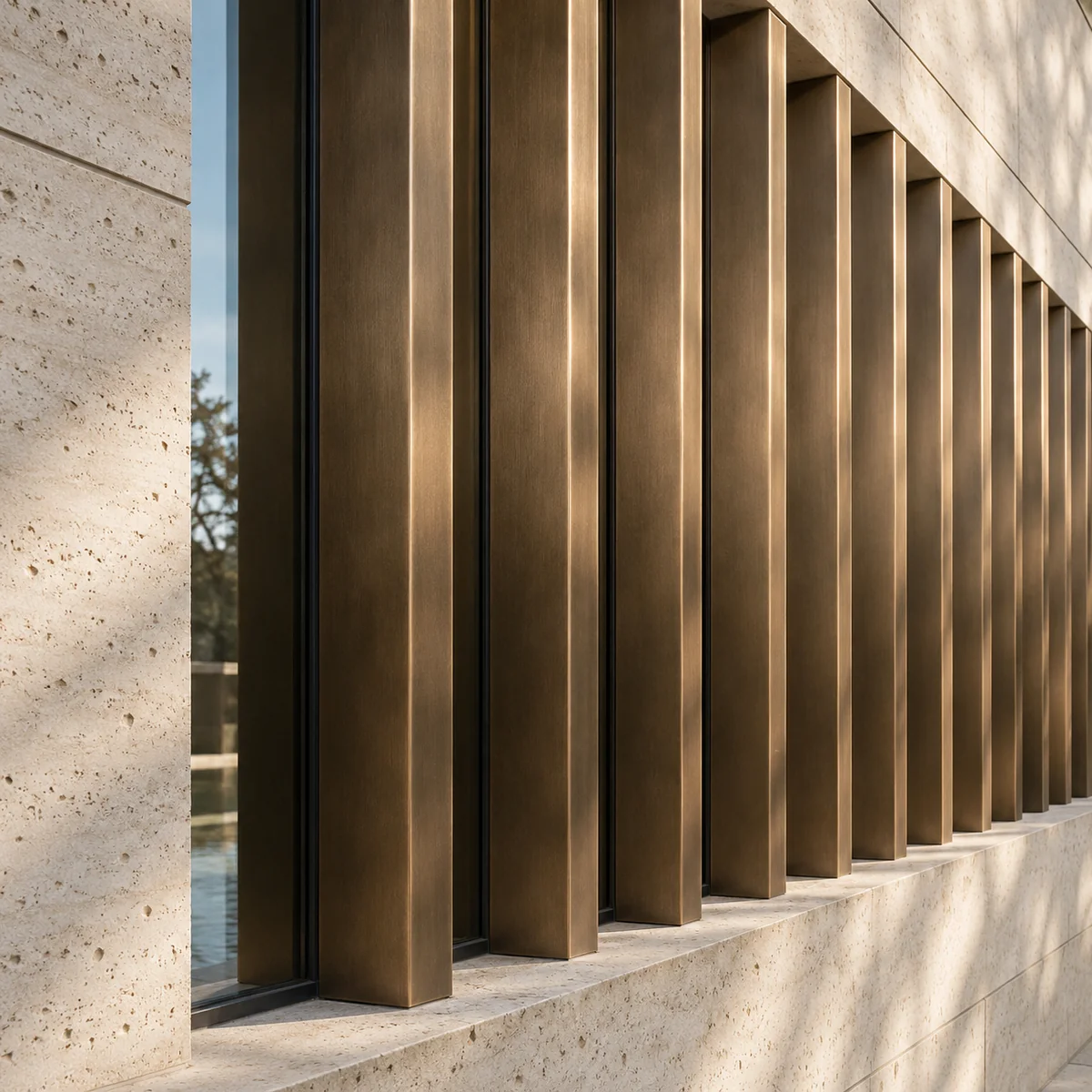 Parallel bronze fins aligned across a limestone facade