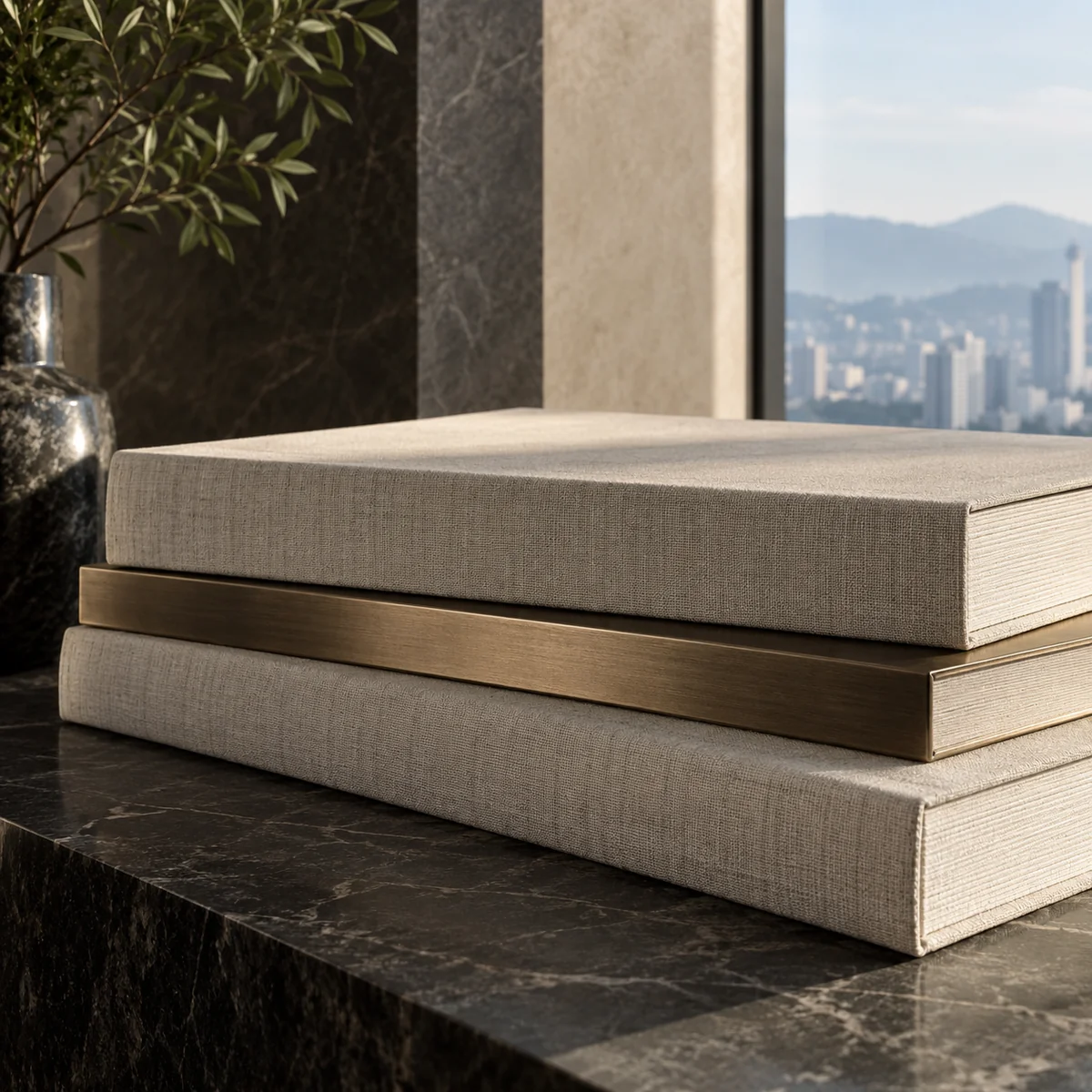 Ivory linen-bound folios stacked on dark stone with a bronze divider
